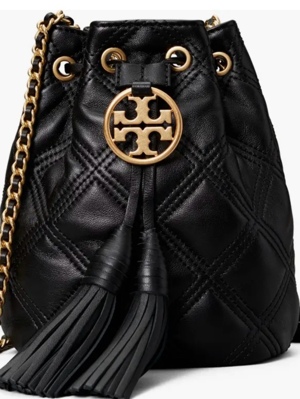 Tory Burch Flemming Mini Black Quilted Leather Bucket Bag with Tassels